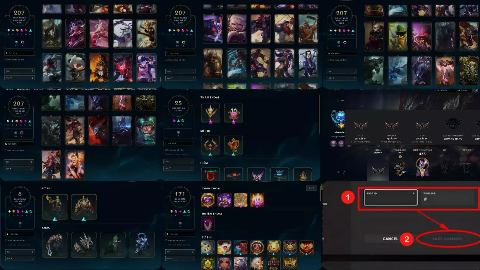 Ảnh LOL 207 SKIN 2 CAM 3 TIM 14 DO 61 XANH RANK SẮT